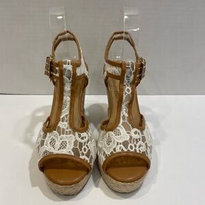 CATO White Lace Cork Wedge Open Toe Heels Shoes Size 7